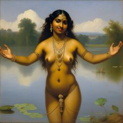 ai_generated belly black_hair bracelet breasts convenient_censoring curly_hair curvy dark-skinned_female earrings female gold_(metal) gold_jewelry indian_female lake lips long_hair medium_breasts navel nipples nude presenting realistic smile solo william_bouguereau