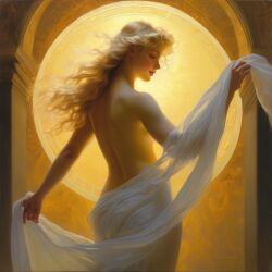 ai_generated ass back back_view blonde_hair blue_eyes curly_hair curvy field halo lips long_hair presenting realistic small_breasts smile solo topless william_bouguereau