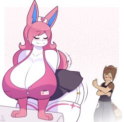 absurd_res anthro ass big_ass big_breasts blush breasts bubble_butt eeveelution female furret furry huge_ass huge_breasts male nurse nurse_uniform pink_hair poisonmirror pokémon_(species) pokemon pokemon_(species) selene_(itsawulf) short_skirt smile sylveon thick_thighs thighhighs thumbs_up upskirt watching white_fur wide_hips