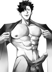 abs before_sex big_penis black_hair blank_background clothes_lift erect_penis exposed_penis exposed_torso kuroo_tetsurou looking_at_viewer male_focus nipples precum suggestive_look veiny_penis