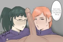 2girls azazelinp blushing bob_cut brown_eyes clothed cock_worship eagle_union_(azur_lane) glasses green_hair jujutsu_kaisen kugisaki_nobara long_penis maki_zenin needy nobara_kugisaki orange_hair penis_on_face pov short_hair slutty_female zenin_maki