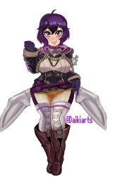 1girls bare_thighs boots cleavage coat daikiarts female fire_emblem fire_emblem_awakening gloves inner_thighs large_breasts morgan_(fire_emblem) morgan_(fire_emblem)_(female) nintendo no_panties presenting_pussy purple_eyes purple_hair pussy short_hair solo thick_thighs thighhighs thighs