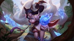 1girls ahri animal_ear_fluff animal_ears bare_shoulders black_hair cleavage daytime default_ahri facial_markings female female_only fox_ears kumiho league_of_legends long_fingernails long_hair magic multiple_tails outdoors outside riot_games solo tail tails unstable_anomaly whisker_markings white_fur yellow_eyes