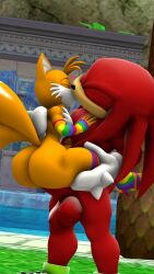 2boys 3d 3d_(artwork) anal anal_sex anthro anthro_penetrated anthro_penetrating ass balls big_ass big_balls big_butt big_penis femboy french_kissing gay gay_pride gay_pride_colors girly knuckles_the_echidna loaq195 male mobian_(species) partially_clothed passionate_kiss penetration penis sonic_(series) sonic_the_hedgehog_(series) stand_and_carry_position tails thick_thighs tongue_kiss yaoi