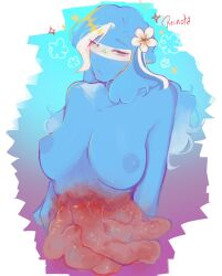 ._. 1girls big_breasts blue_body blue_nipples blue_skin breasts countryhumans countryhumans_girl female female_only flower flower_in_hair fluffermafer gore guro halloween national_personification nicaragua_(countryhumans) spanish_text text