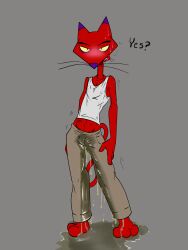 anthro bladder_bulge blush bodily_fluids cartoon_network casual_urination clothing courage_the_cowardly_dog drooling felid feline genital_fluids hi_res illegaleel katz_(courage_the_cowardly_dog) looking_at_viewer male mammal omorashi pee_shivers peeing saliva shirt solo tank_top topwear urine urine_on_ground urine_pool wet wet_clothing wetting wetting_self