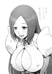 :d bleach bleach:_the_thousand-year_blood_war blush breast_focus breasts cleavage cleavage_cutout clothing clothing_cutout erect_nipples erect_nipples_under_clothes female female_only greyscale hair_ornament high_resolution huge_breasts inoue_orihime japanese_language large_breasts long_hair looking_at_viewer mazarimon monochrome nipples open-mouth_smile open_mouth shirt simple_background smile solo translated upper_body white_background