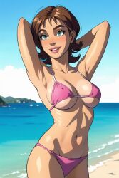 ai_generated arms_behind_head arms_up background beach beach_background bikini brown_hair disney female female_only green_eyes hands_behind_head happy human irma_lair jetix jpeg light-skinned_female light_skin medium_breasts pink_bikini pink_bra pink_panties short_hair solo solo_female w.i.t.c.h. water