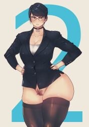 artist_request big_ass big_breasts bottom_heavy bottomless butcherboy hairy_pussy huge_ass huge_thighs looking_at_viewer mature_female office_lady pubic_hair small_breasts wide_hips