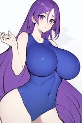 1girl ai_assisted ai_generated bangs blush catered3214 covered_navel fate/grand_order fate_(series) hands huge_breasts long_hair looking_at_viewer minamoto_no_raikou_(fate/grand_order) one-piece_swimsuit parted_bangs pixai purple_eyes purple_hair self_upload swimsuit thick_thighs thighs very_long_hair