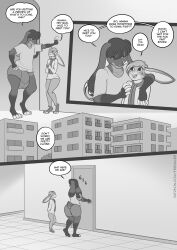 5_fingers anthro anthro_on_anthro biped bulge clothed clothing comic door duo english_text fingers freckles_(artist) hair intraspecies lagomorph leporid male male/male mammal monochrome open_mouth open_smile rabbit scut_tail shirt short_tail smile speech_bubble tail text topwear