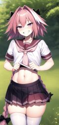 ai_generated astolfo_(fate) fate_(series) femboy flisin grin long_hair pink_hair skirt tummy