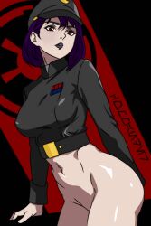 1girls 2d ass belt black_background bottomless bottomless_female color eyelashes eyes female female_only grey_clothing hair hat headgear human human_only imperial_officer leaning light-skinned_female light_skin lips lipstick long_sleeves military_uniform open_eyes original_character pinup poster purple_hair red_eyes shiny_skin short_hair short_hair_female side_view simple_background sleeves solo standing star_wars uniform unprofessional_behavior violet_hair violet_lipstick