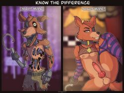 absurd_res animal_genitalia animatronic anthro anthro_only armwear balls blood blood_on_face bodily_fluids bottomwear canid canine clothing collar collar_tag crossdressing damienkamien dark_nose duo ears_up erection eye_patch eyebrows eyewear femboy feminine_male five_nights_at_freddy's fox foxy_(fnaf) fur furry furry_only genitals girly girly_boy gold_(metal) gold_tooth hair half-closed_eyes hi_res holding_leg holes_in_underwear hook knot legwear looking_at_viewer machine male male_only mammal meme narrowed_eyes nipple_piercing nipples nude open_mouth orange_eyes pants penis piercing raised_arm red_body red_fur red_hair robot scottgames smile spread_legs spreading stockings tag tail teeth text