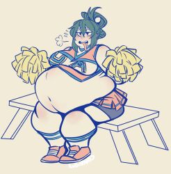 1girls 2023 absurd_res bbw belly cheerleader cheerleader_uniform exhausted fat female female_focus fungusfangs green_hair huge_belly my_hero_academia obese obese_female overweight overweight_female sitting solo solo_female solo_focus tied_hair tongue tongue_out tsuyu_asui