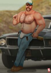 balls bara baseball_cap body_hair bottle bulge car doctor_anfelo facial_hair male male_only moustache muscles muscular open_fly pants penis shirtless solo solo_male