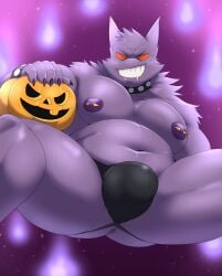 1boy 2022 anus ass bara bara_tits barazoku big_bulge bulge chubby_male gay gengar halloween hi_res highres holidays huge_bulge jack-o'-lantern jack_o'_lantern jockstrap larger_male male male_focus male_nipples male_only manly muscular_male nelldemon nintendo nipple_piercing nipples pokémon_(species) pokemon pumpkin red_eyes solo solo_male spread_legs underwear yaoi