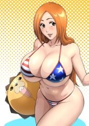 1girls american_flag_bikini bikini bleach breasts cleavage female huge_breasts inoue_orihime iwao178 kon kon_(bleach) large_breasts long_hair orange_hair red_head solo thick_thighs