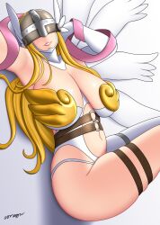 angewomon armpits blonde_hair breasts digimon digimon_(species) light-skinned_female light_skin looking_at_viewer somegu thighs