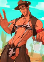 1boy 2023 alcornoz armpit_hair ass bara barazoku big_bulge bulge cow_print cowboy_outfit gay hairy_chest hi_res highres huge_bulge jar looking_at_viewer male male_focus male_only male_pubic_hair manly muscular_male pecs penis_outline scar sniper_(team_fortress_2) solo solo_male team_fortress_2 tf2 valve valve_(company) yaoi