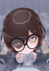 1boy :>= android blush breasts brown_hair erection fellatio female glasses gradient_hair heart heart-shaped_pupils highres hololive hololive_gen_0 hololive_japan large_breasts looking_at_viewer medium_hair moral_cacoethes multicolored_hair oral penis roboco-san round_glasses solo_focus straight symbol-shaped_pupils teardrop-framed_glasses uncensored veins veiny_penis virtual_youtuber yellow_eyes