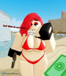 1boy 1girls 3d arsenal_(rolve) beach black_gloves dialogue english_text glock gun imminent_sex looking_at_viewer money offering pistol prostitute prostitution public_sex red_bra red_hair red_panties red_pupils roblox roblox_game robloxian robux rolve tagme talking_to_viewer text twitter_username vampire_(rolve) watermark yokurr34