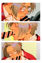 blowjob blush censor_bar censored disembodied_penis drooling gay glasses grey_hair gyakuten_saiban male male_only miles_edgeworth mitsurugi_reiji multiple_images oral sucking sucking_penis yaoi