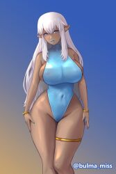 1girls artist_request belly_button belly_button_visible_through_clothing big_breasts blue_clothing blue_eyes blue_lipstick blue_nails bracelet commission dark-skinned_female dark_skin elf elf_ears elf_female female female_only fully_clothed leg_band leotard nipple_bulge nipples nipples_visible_through_clothing oc original_character revealing_clothes see-through see-through_clothing see_through sex_slave shiny_clothes shiny_skin sideboob skin_tight slave slavegirl solo suggestive_look thick_thighs thong tight_clothing voluptuous voluptuous_female white_hair wide_hips yumi_dark_elf