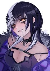 1girls black_choker black_hair chest_strap choker cleavage coat cross cross_earrings crying crying_with_eyes_open drooling earrings female_only fur-trimmed_coat fur_trim heart heart-shaped_pupils hololive hololive_english hololive_english_-advent- jewelry lace-trimmed_choker lace_trim large_breasts long_hair looking_at_viewer multicolored_hair otapic runny_makeup saliva shiori_novella single_earring smile solo solo_female split_color_hair symbol-shaped_pupils tears teeth upper_body virtual_youtuber white_background yellow_eyes