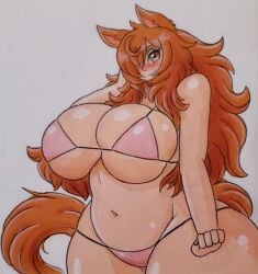 2022 big_breasts bikini blush brown_eyes hand_on_head horse_girl horse_tail indie_virtual_youtuber jumneyarts long_hair looking_at_viewer lucahjin pink_bikini tail thick_thighs virtual_youtuber vtuber youtube youtuber