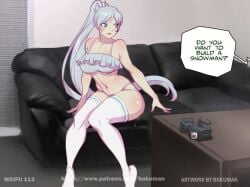 1girls before_anal before_sex big_breasts bokuman breasts busty camera casting casting_couch english_text female female_only imminent_penetration imminent_sex interview large_breasts rwby scantily_clad sofa solo text uncensored weiss_schnee white_bikini white_hair white_socks