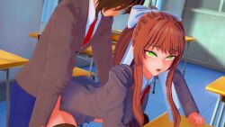 1boy 1girls 3d 3d_animation ambiguous_penetration animated classroom clothed_sex doki_doki_literature_club green_eyes koikatsu light_brown_hair mashirosolera mc_(doki_doki_literature_club!) monika_(doki_doki_literature_club) school schoolgirl sex sex_from_behind sex_on_desk tagme video video_games white_ribbon