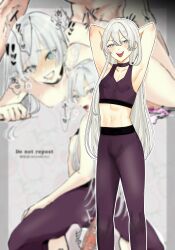 2boys all_fours anal armpits arms_behind_head arms_up bar_censor blurry blurry_background blush bulge censored choker clenched_teeth condom crossdressing cutiendirty femboy from_behind girly grey_background grey_eyes grey_hair hair_between_eyes highres leggings light-skinned_femboy light-skinned_male light_skin long_hair looking_back male male_focus male_only multiple_boys multiple_views navel nipples no_shoes nude open_mouth original otoko_no_ko paid_reward_available penis purple_choker purple_leggings sex sex_from_behind smug socks sound_effects teeth toned toned_male trap upper_teeth_only used_condom very_long_hair white_socks yaoi