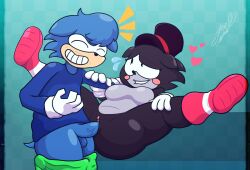 ballsack big_breasts big_penis biting_lip black_fur blue_fur closed_eyes clothed_male_nude_female five_nights_at_sonic's fully_nude happy happy_sex hearts_around_head holding jooigi_(playcustomdelivery) lefty_sonic nude_female overalls_down rolling_eyes smiling spread_legs spreading sweat