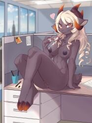 absurd_res anthro anus black_body black_fur blonde_hair bodily_fluids bovid breasts camel_toe caprine cloven_hooves crossed_legs cubicle dripping eyewear female fur genital_fluids genitals glasses glasses_in_mouth hair hi_res hooves horizontal_pupils horn inside looking_at_viewer mammal nipples office pupils pussy pussy_juice pussy_juice_drip rectangular_glasses ricky945 sheep sitting_on_desk solo