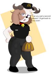 anthro artist_signature bag big_hips black_text bovine bovine_humanoid boy brown_fur employee_uniform fanart fanart_from_twitter fast_food fast_food_uniform femboy fur furry furry_male furry_tail girly goat_ears goat_horns goatee laranxart looking_at_viewer macdonald mammal mammal_humanoid mcdonald's oc original original_character posted_by_artist purple_eyes short_hair simple_background speaking tarantino_(laranxart) twitter_user_oc uniform white_background white_body worker