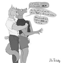 <3_eyes 5_fingers anthro athletic athletic_anthro athletic_male blush bottomwear bulge bulge_fondling bulge_frottage bulge_grab bulge_rubbing canid canine clothed clothing clothing_lift denim denim_clothing dialogue digital_media_(artwork) dirty_talk dominant dominant_anthro dominant_male duo ear_tuft effedupspecimen embrace english_text erection erection_under_clothing feeling_up felid feline fingers fox frottage fur genitals hair hand_holding heart hi_res holding_bulge holding_partner holding_penis humor inner_ear_fluff jeans joke lean_body leaning_on_another looking_at_another looking_at_partner looking_pleasured looking_up lynx male male/male mammal monochrome muscular muscular_anthro muscular_male nub_tail open_mouth pants penis profanity pun raised_clothing raised_shirt raised_topwear sex shirt shirt_lift shirt_up shorts simple_background smile snout speech_bubble submissive submissive_anthro submissive_male surprise surprised_expression surprised_face surprised_look t-shirt t-shirt_lift tail tail_around_another tail_around_leg tail_around_partner tail_tuft talking_to_another talking_to_partner teasing teeth text tongue topwear tuft