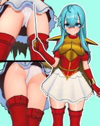 1girls 3d armor ass ass_focus bare_thighs big_ass blue_background blue_eyes blue_hair boots breasts eirika_(fire_emblem) elbow_gloves female female_only fire_emblem fire_emblem:_the_sacred_stones from_below gloves kool5mg long_hair looking_at_viewer medium_breasts more_at_source multiple_views nintendo panties rapier skirt smile solo standing sword thigh_boots thighs underwear upskirt weapon white_panties