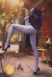 3d 61cent amelie_lacroix ass bare_breasts big_ass blizzard_entertainment blue_hair breasts calves cat earrings eyes_closed french heels legs legs_up naked naked_female nude nude_female overwatch panties ponytail purple_skin pussy side_profile side_view slim solo taller_girl thighs thong widowmaker