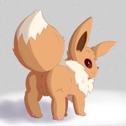 absurd_res anus brown_body brown_eyes brown_fur eevee female feral fur generation_1_pokemon genitals gooeythings hi_res nintendo pawpads pokemon pokemon_(species) pussy rear_view smile snaggle_tooth solo