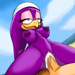 anthro_on_human anthro_penetrated avian avian_humanoid beach beach_sex big_breasts cum_in_pussy cum_inside human_penetrating_anthro looking_pleasured looking_up mis3r_able naked_female nude_female purple_skin riding riding_penis sonic_(series) sonic_riders sonic_the_hedgehog_(series) stomach_bulge swallow_(bird) wave_the_swallow