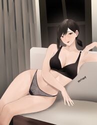 absurdres bare_shoulders black_panties bra breasts brown_eyes brown_hair chainsaw_man female higashiyama_kobeni highres lace lace_panties lips medium_breasts midriff navel panties satyam_ssj10 short_hair sidelocks simple_background thighs underwear