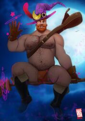 balls bara beard belly body_hair broomstick bulge doctor_anfelo facial_hair gloves hairy hairy_belly hairy_chest hairy_legs hairy_male halloween hat male male_only musclegut muscles muscular muscular_male one_eye_closed penis sitting solo solo_male underwear waving witch_hat