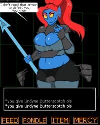 1girls 2d big_breasts chubby color dialogue english english_dialogue english_text expansion fat feederism feeding female fish fish_girl gameplay_mechanics monster monster_girl sam2up tagme text toby_fox undertale undertale_(series) undyne