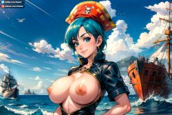 1girls ai_generated beach big_breasts bird blue_eyes blue_hair blue_sky breasts breasts_out bulma_briefs cloud cloudy_sky costume day dock dragon_ball dragon_ball_super dragon_ball_z earrings hat horizon island jewelry large_breasts looking_at_viewer nipples ocean outdoors patreon_username pirate pirate_hat seagull ship shore short_hair smile solo splashing twitter_username upper_body water waves zhulust