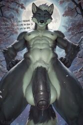 ai_generated black_penis flaccid katarhein large_penis long_penis looking_down_at_viewer penis precum precum_drip solo_male third_leg wolf