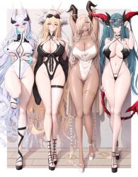 4girls absurd_res azur_lane blonde_hair breasts female green_hair gyaru hair_over_one_eye hi_res horns huge_breasts implacable_(azur_lane) kearsarge_(azur_lane) large_breasts long_hair long_legs naughty_face one-piece_swimsuit owari_(azur_lane) regensburg_(azur_lane) shiroshisu slim_waist sling_bikini swimsuit tan tan-skinned_female tanned_skin thick_thighs white_hair