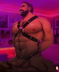 balls bara beard body_hair boner closed_eyes doctor_anfelo erection facial_hair gay hands_behind_back harness male male_only muscles muscular penis sitting_on_person sweat sweating