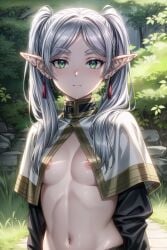 ai_generated bangs blush breasts capelet closed_mouth collar day earrings edosynf elf female frieren grass green_eyes grey_hair highres hitler jewelry long_hair long_sleeves looking_at_viewer nature navel nipples outdoors parted_bangs pointy_ears shrug_(clothing) sidelocks small_breasts solo sousou_no_frieren stomach sunlight tassel tree twintails upper_body white_capelet