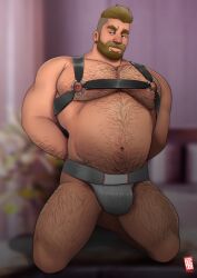 balls bara beard belly body_hair bulge doctor_anfelo facial_hair hairy hairy_arms hairy_belly hairy_chest hairy_legs hairy_male hands_behind_back harness kneeling male male_only musclegut muscles muscular muscular_male nipples on_knees penis solo solo_male underwear